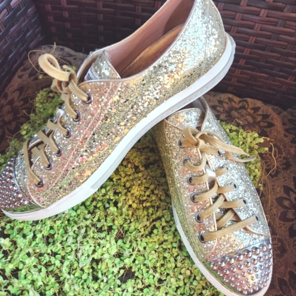 MIU MIU Gold Glitter Sparkle Silver Studs Toe Lace Up Flat Luxury Sneakers 40 - Picture 10 of 16